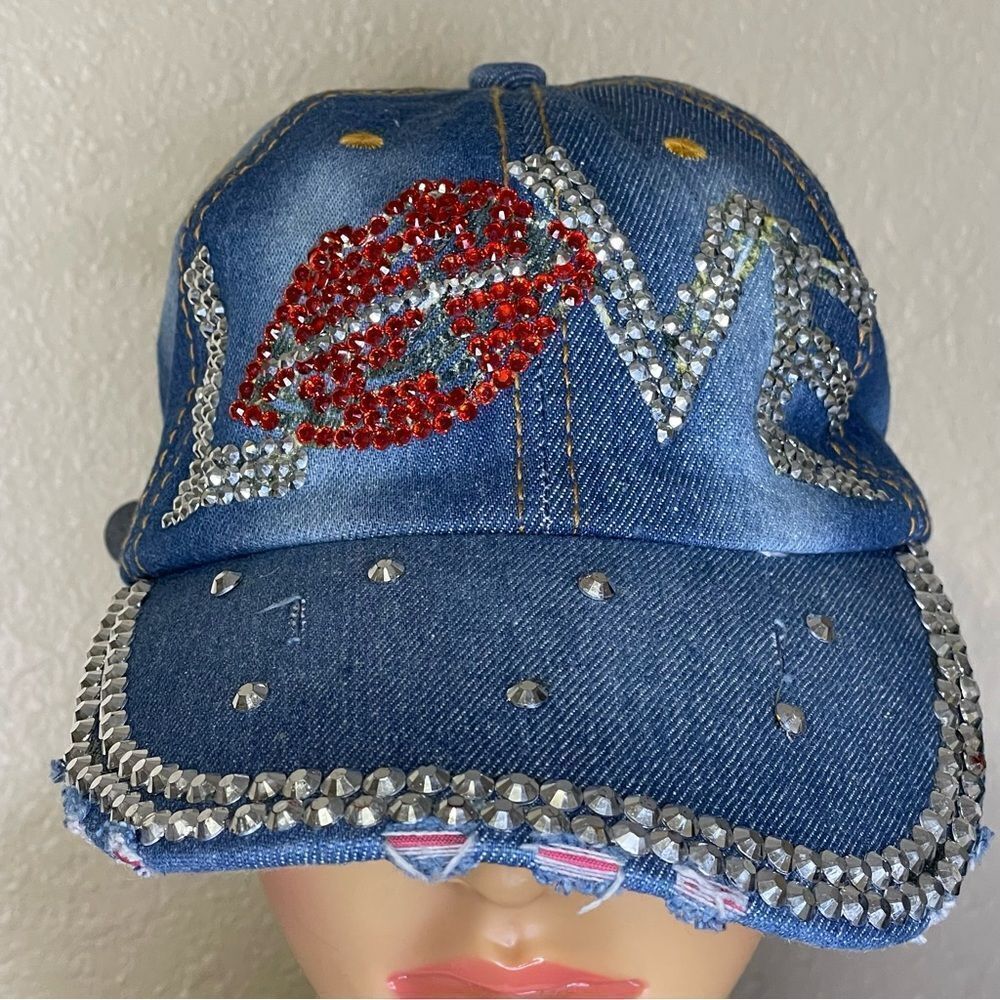 Magid Rhinestone Distressed Denim Love Ball Cap Hat Red and Silver Rhinestones